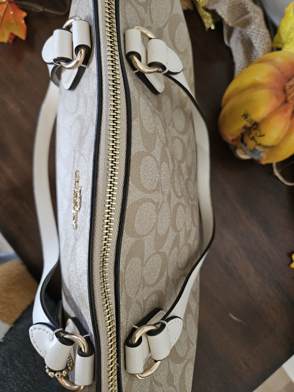Coach Beige Signature Canvas Tote with White Trim - Picture 9 of 11